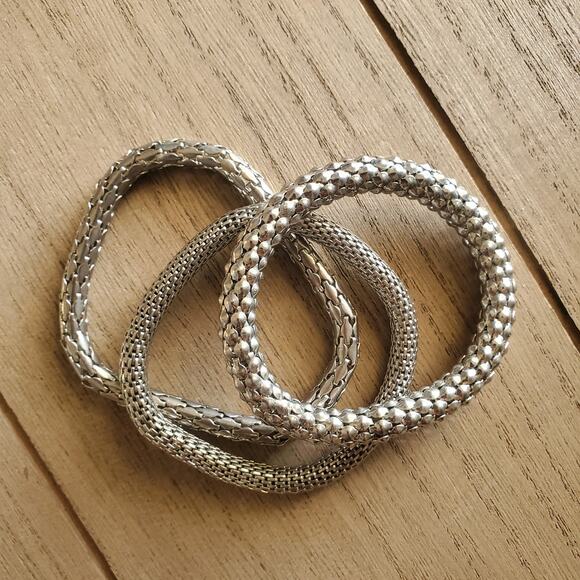 Silver Stretch Metal Bracelet Set of 3 - Picture 3 of 4